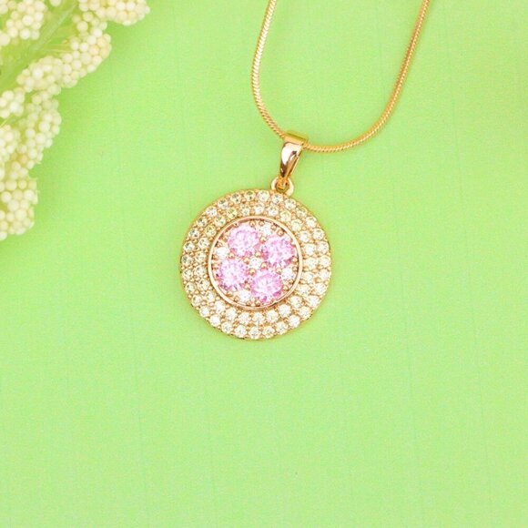 "Round Pink & Yellow CZ Pendant in Gold Finish – Elegant Floral Look, XPPT1858 - Picture 8 of 13